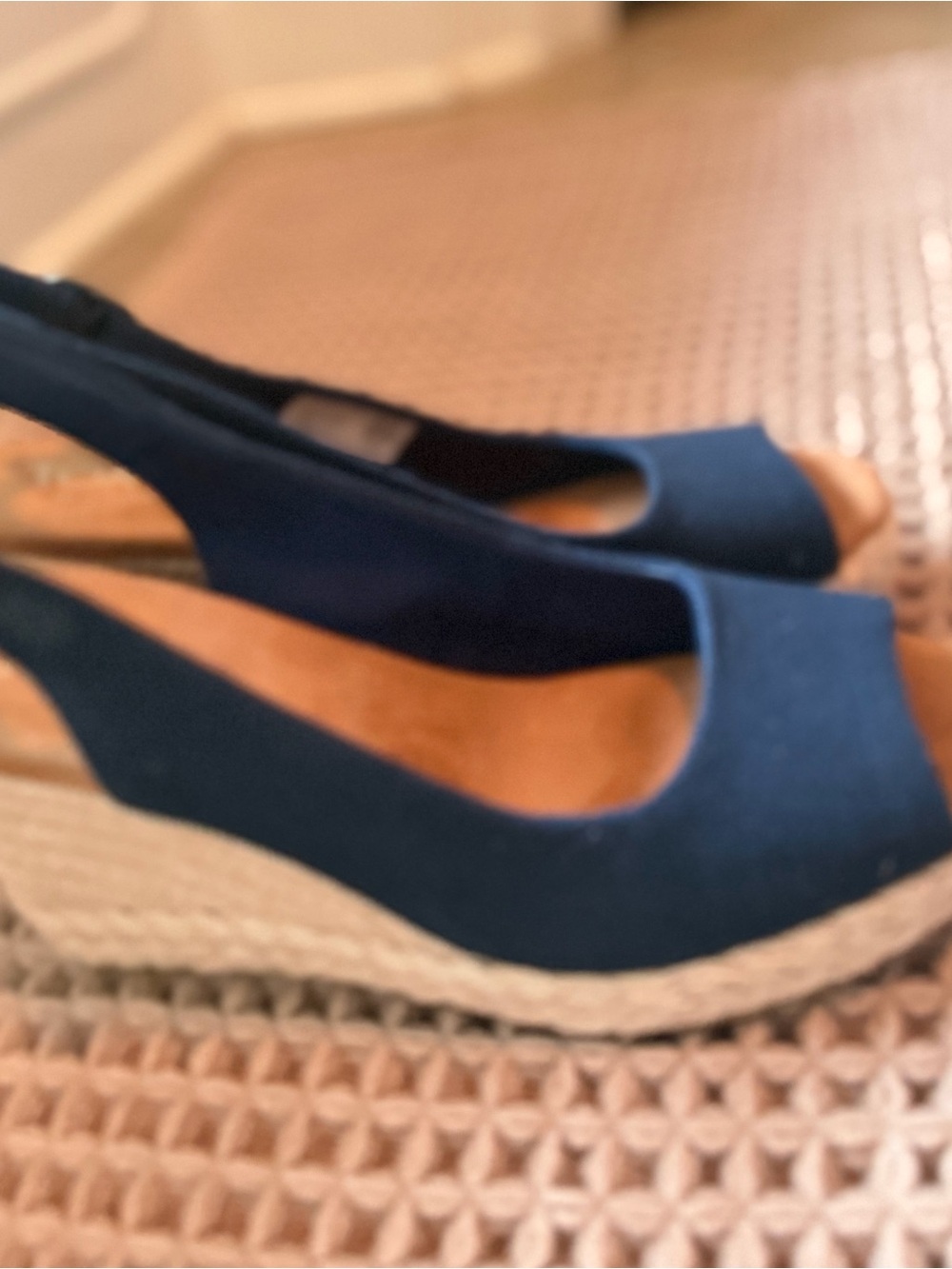 Toms Navy Peep-Toe Espadrille Wedge Slingbacks